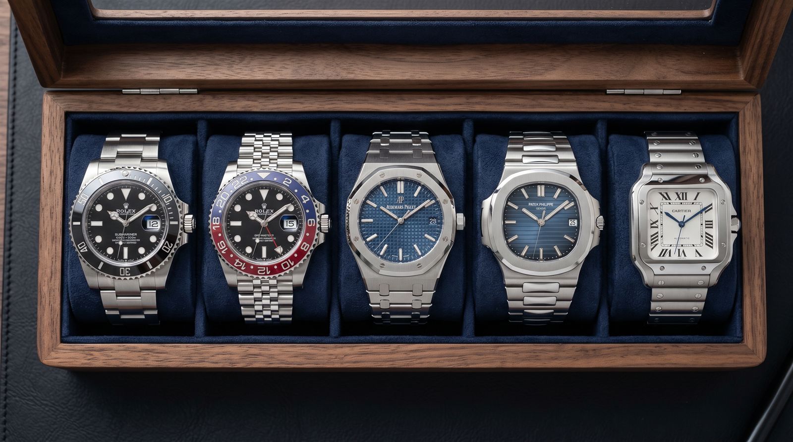 Luxury watches resting in a navy watch box