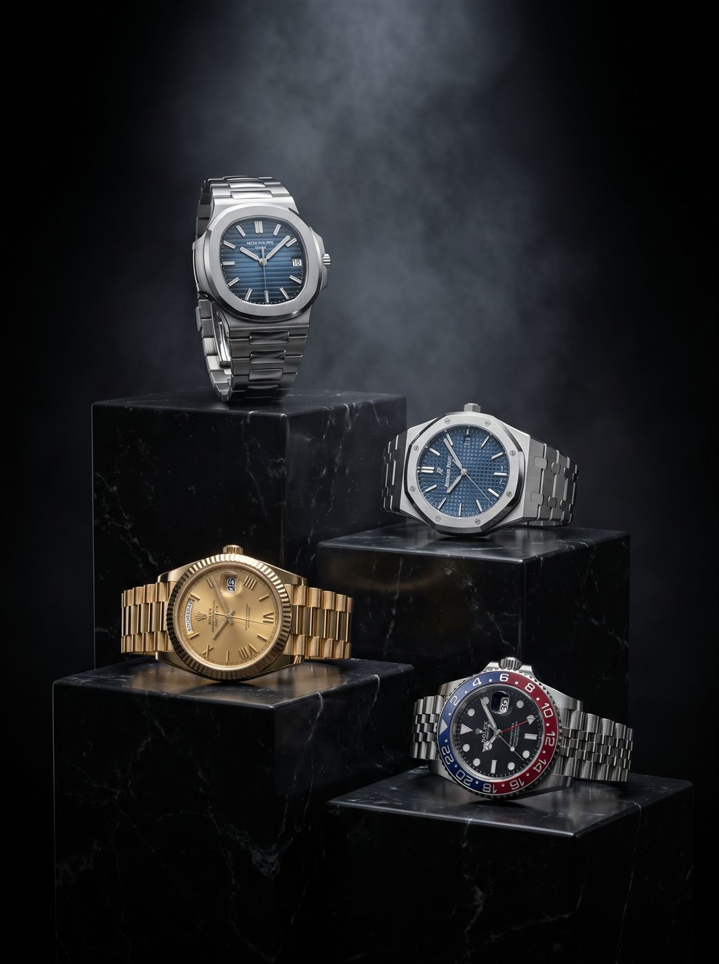 Gold chronograph displayed on a dark stone